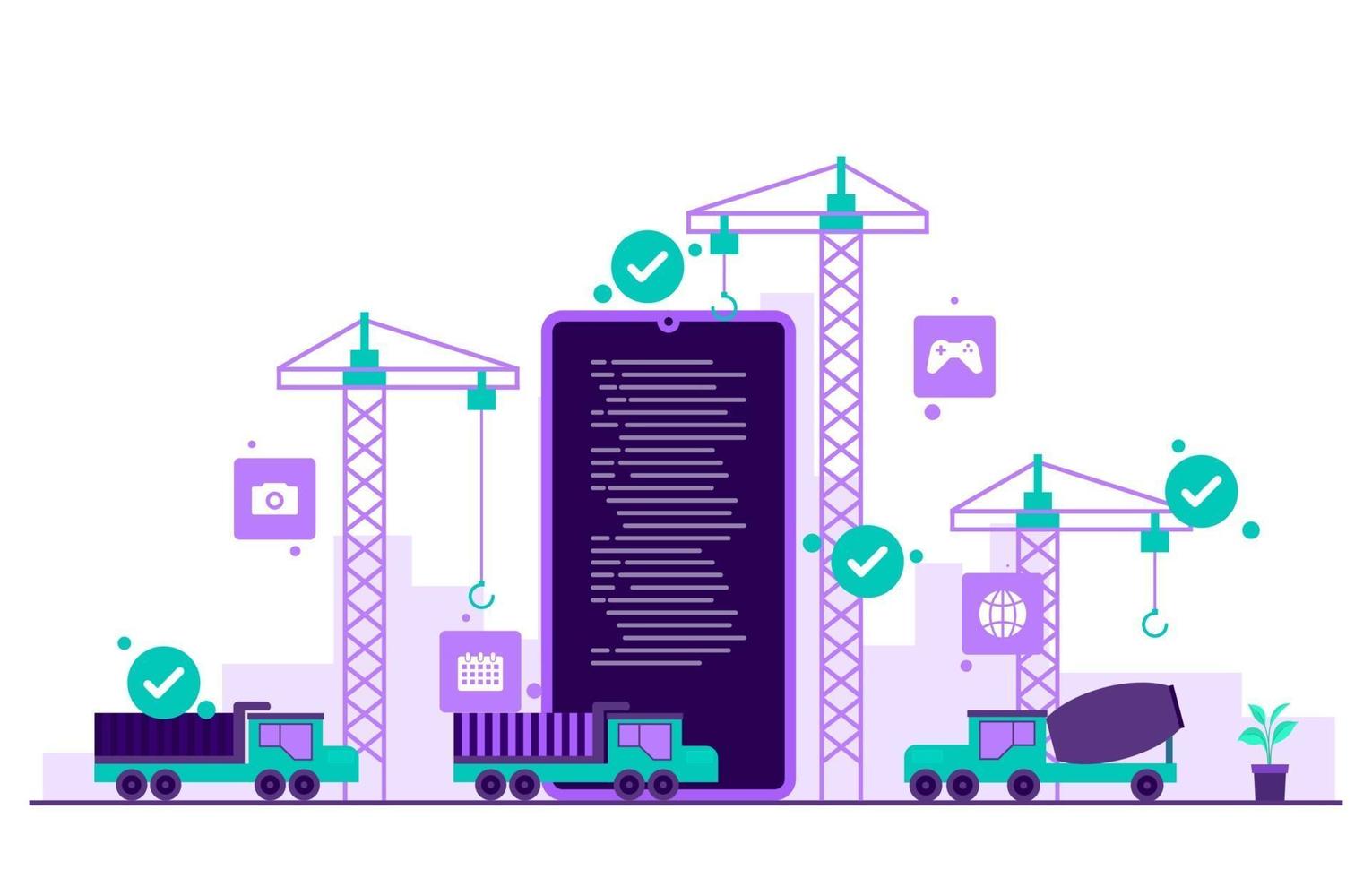 guindastes e caminhões criando aplicativo móvel em ilustração plana de smartphone vetor