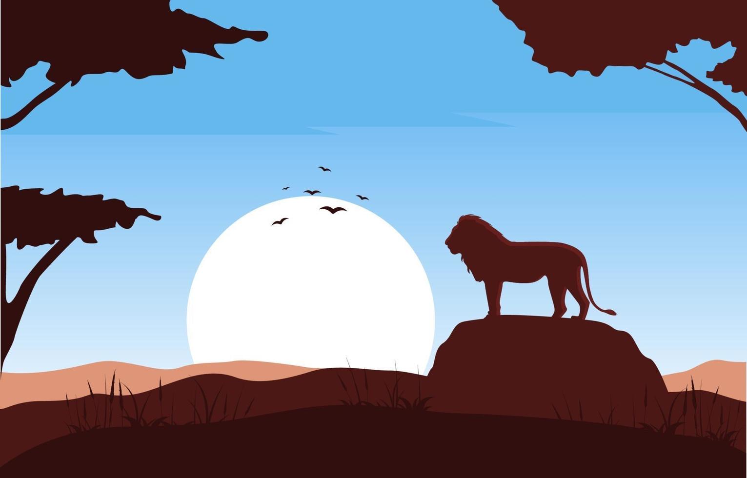 leão na rocha na ilustração da paisagem da savana africana vetor