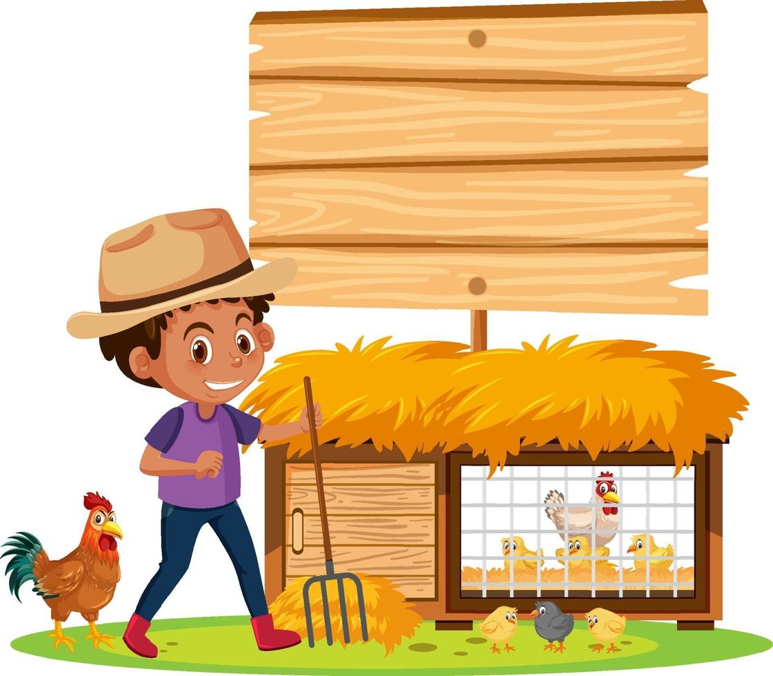 banner vazio com um menino e uma fazenda de animais em fundo branco vetor