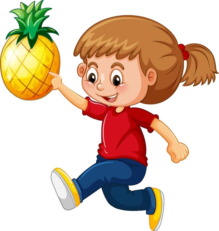 uma linda garota segurando um personagem de desenho animado de abacaxi isolado no fundo branco vetor