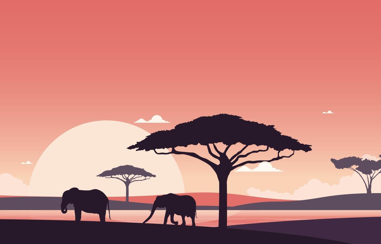 elefantes na paisagem da savana africana durante a ilustração do pôr do sol vetor