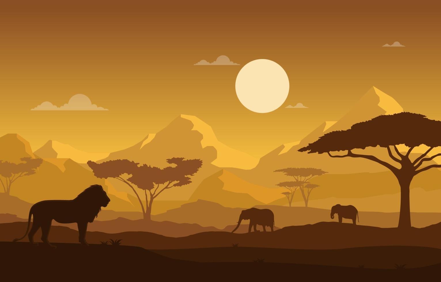 leão e elefantes na ilustração da paisagem da savana africana vetor