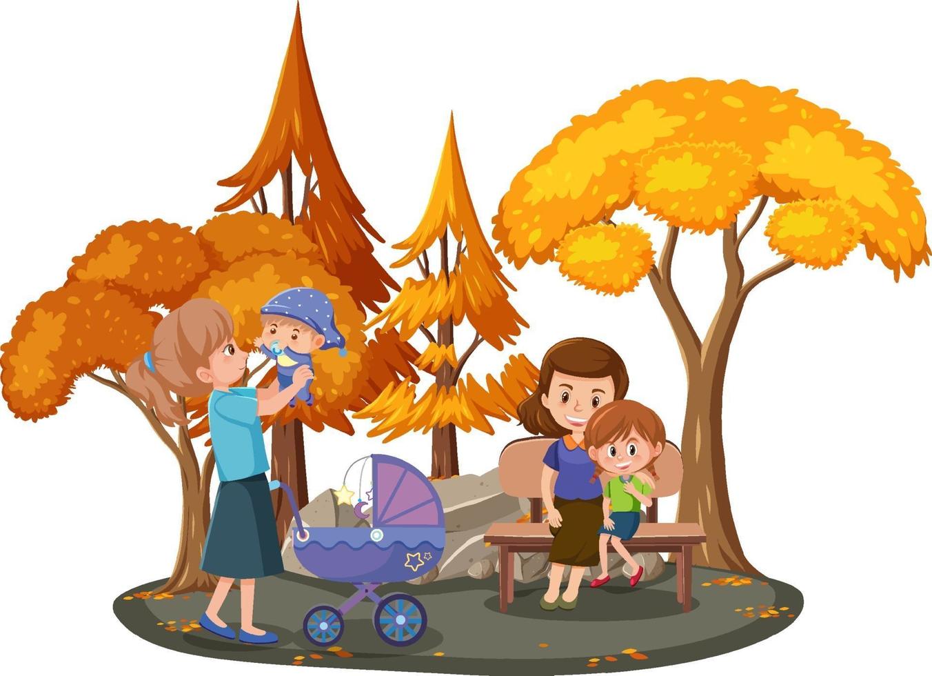 família feliz no parque com muitas árvores de outono vetor