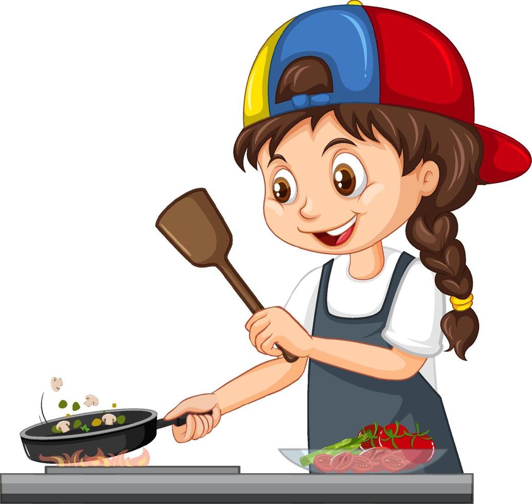 personagem linda garota usando boné cozinhando comida vetor