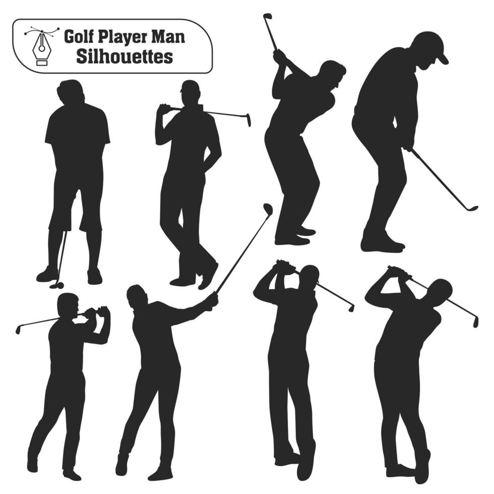 coleção vetorial de silhuetas masculinas de jogador de golfe em poses diferentes vetor
