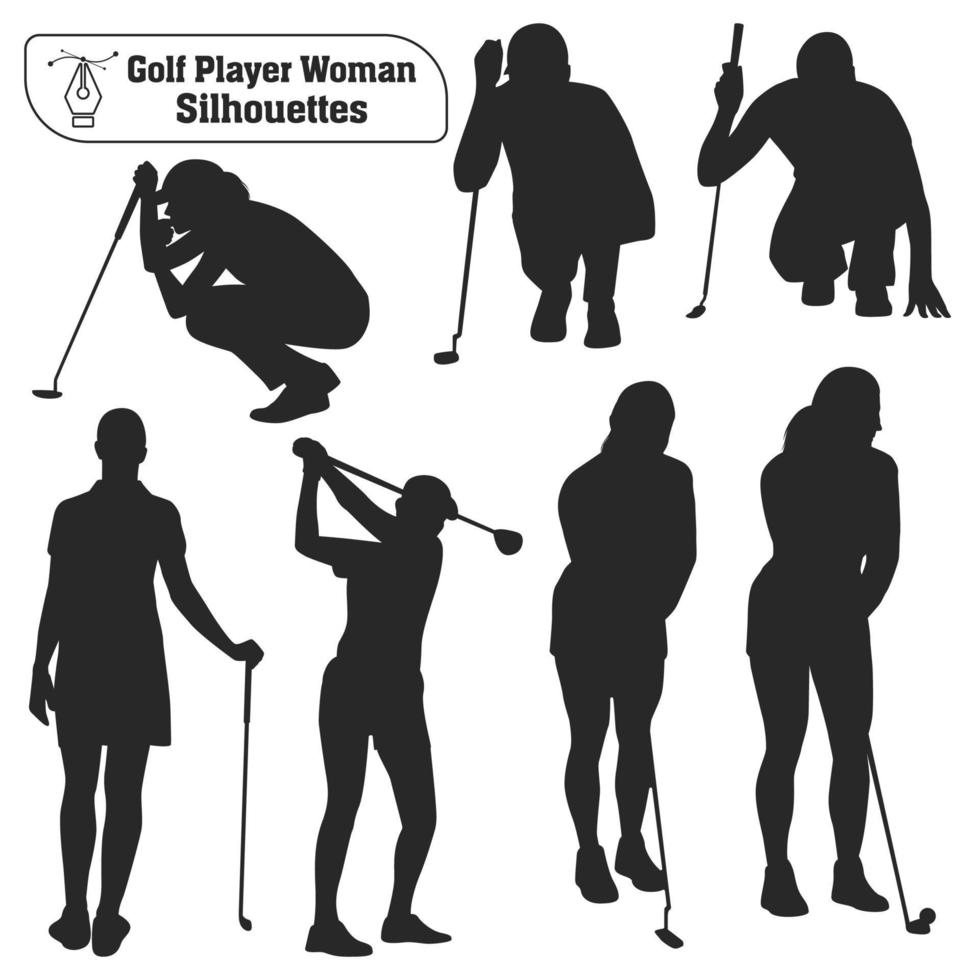coleção vetorial de silhuetas femininas de jogadores de golfe em poses diferentes vetor