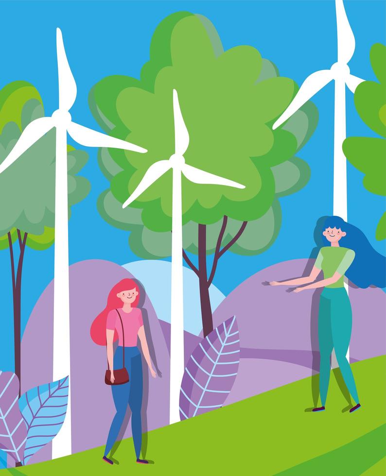mulheres com turbinas de energia eólica para o conceito de ecologia vetor
