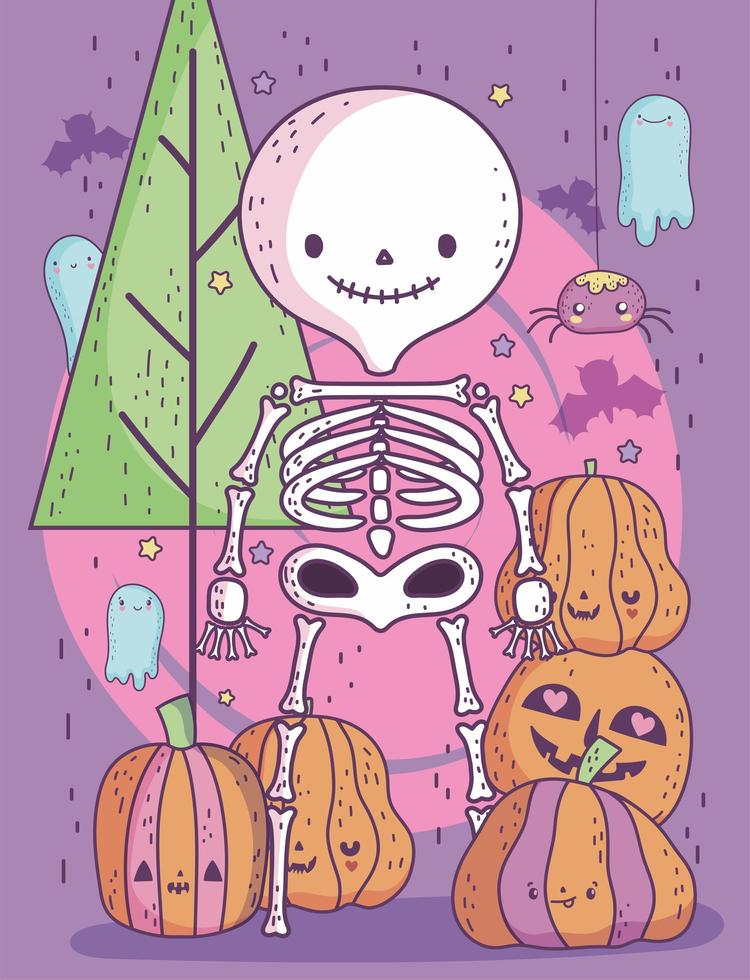 pôster fofo de halloween com esqueleto vetor