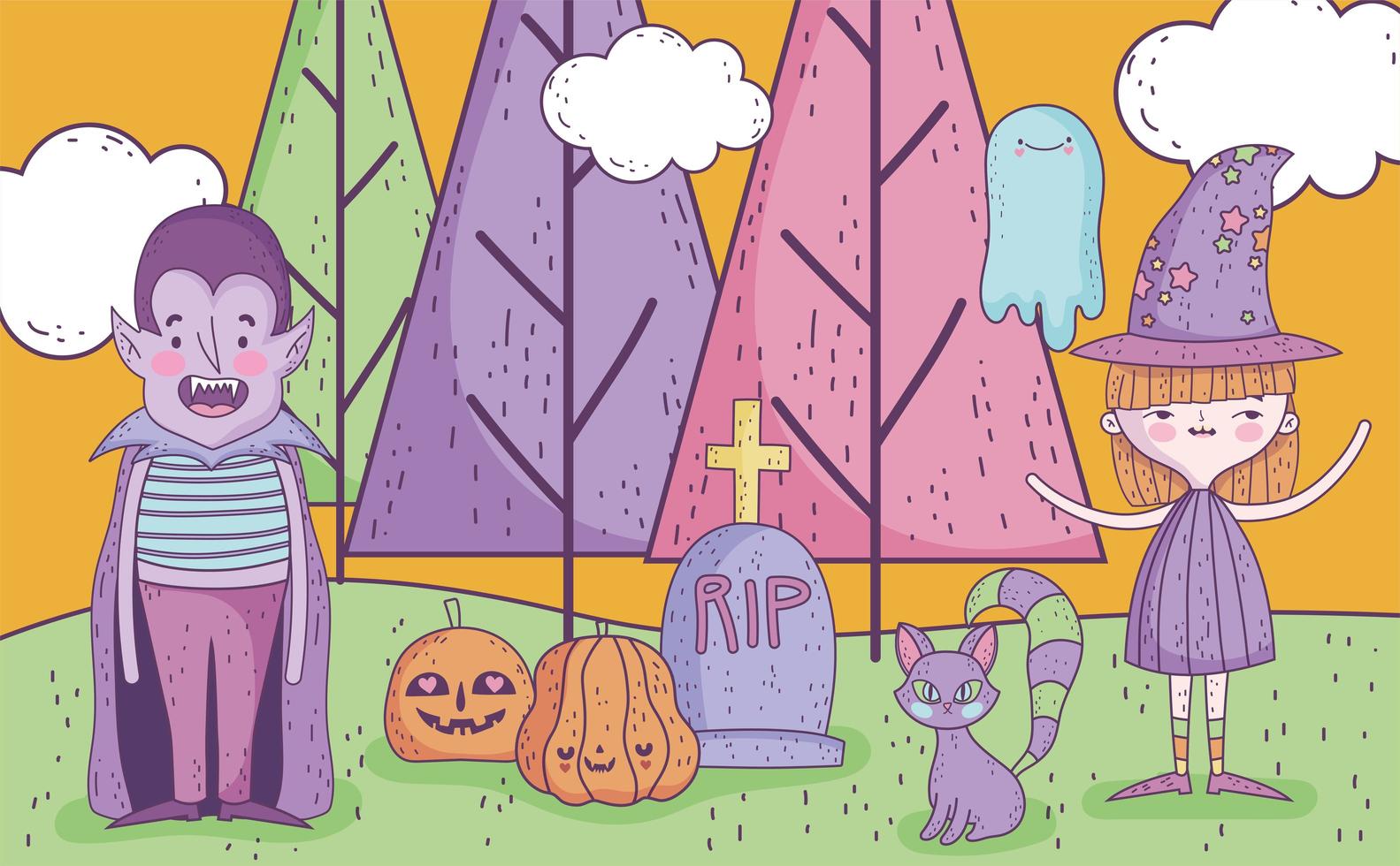 pôster fofo de halloween com pequenos personagens vetor