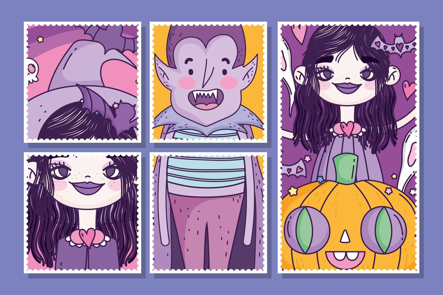 pôster fofo de halloween com personagens assustadores vetor