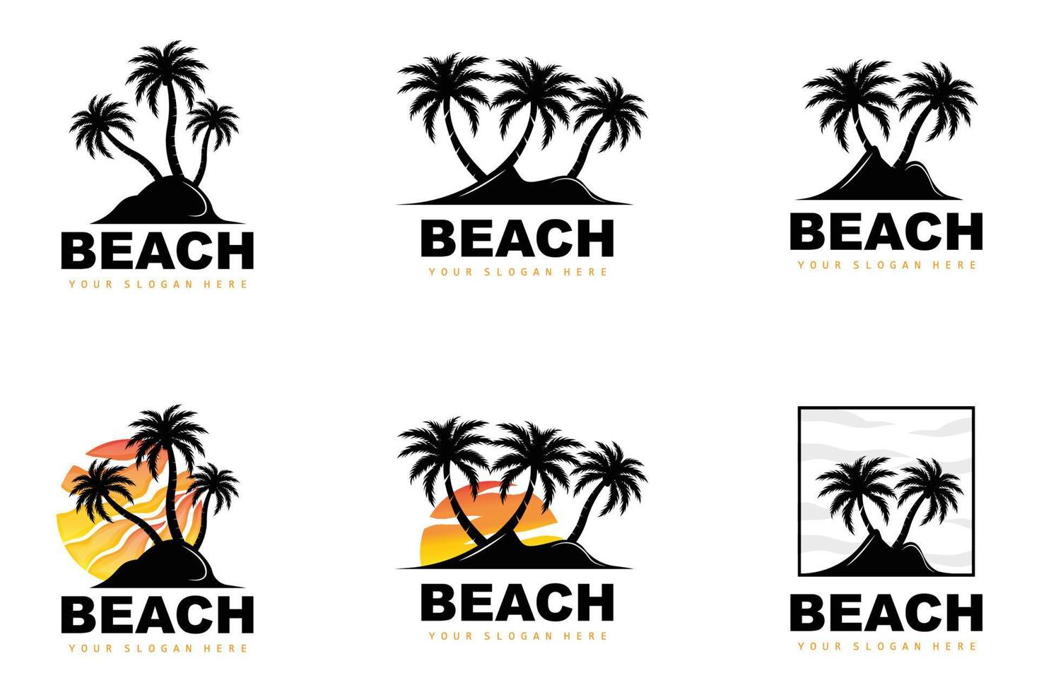 logotipo de coqueiro com atmosfera de praia, vetor de plantas de praia, design de exibição do pôr do sol