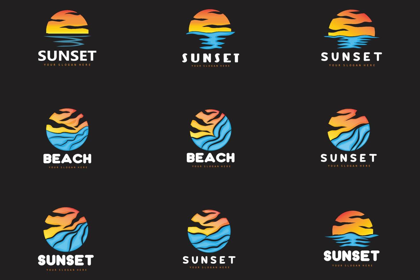 logotipo do pôr do sol, design de praia, ilustração de rio e sol, vetor aproveitando o crepúsculo