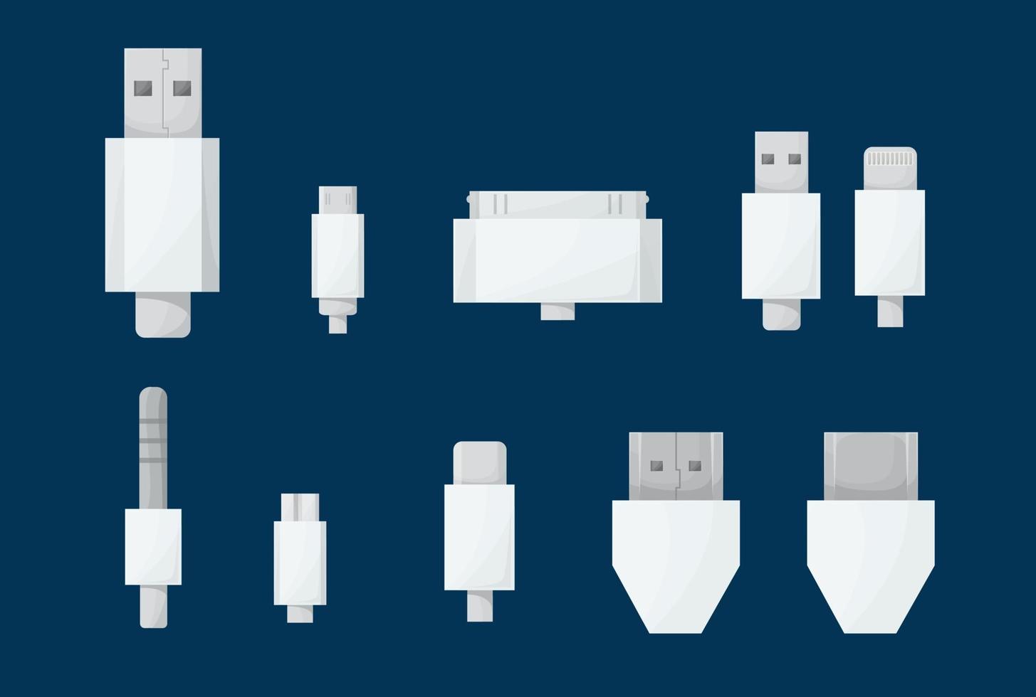 conjunto de cabos usb. plugues tipo a, be tipo c, mini, micro, relâmpago, hdmi, 30 pinos, jaque. Conectores de cabo branco universal de computador. Ilustração em vetor no estilo cartoon.