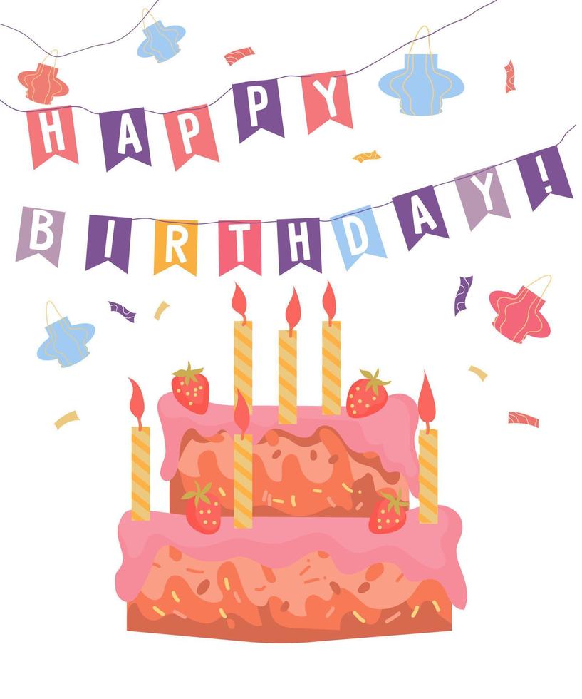 feliz aniversário cartão modelo com bolo e velas, plano vetor ilustração em branco fundo. aniversário convite ou cumprimento cartão brincar dentro pastel cores matizes.