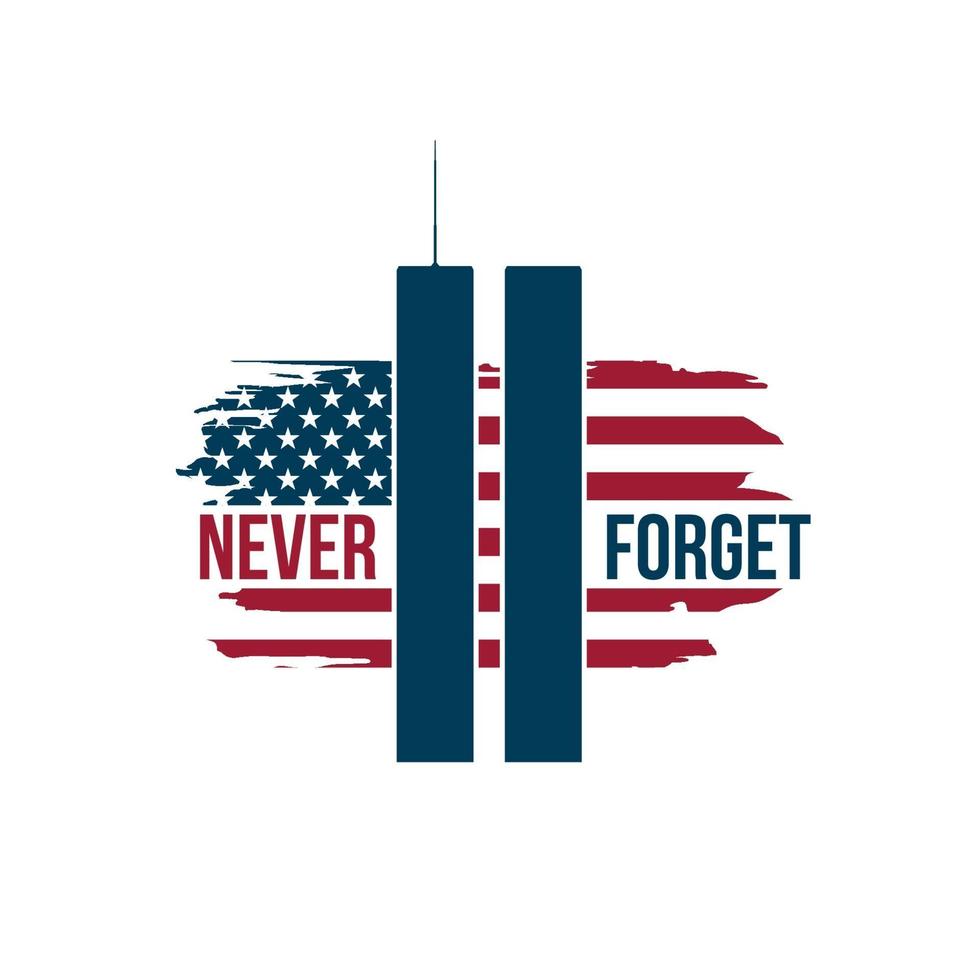 Cartão do dia do patriota 911 com torres gêmeas na bandeira americana. banner do dia do patriota dos EUA. 11 de setembro de 2001. nunca se esqueça. vetor