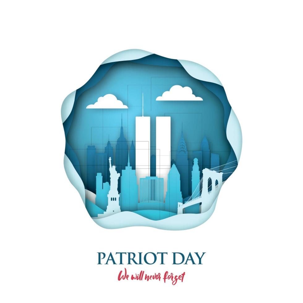 911 cartão de arte em papel do dia do patriota com torres gêmeas no horizonte de Nova York. World Trade Center. banner do dia do patriota dos EUA. 11 de setembro de 2001. nunca se esqueça. vetor