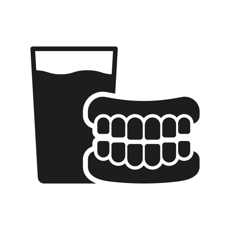 dentadura com vidro do água silhueta ícone. humano falso dente glifo pictograma. médico dental protético. artificial dente. dental tratamento placa. odontologia símbolo. isolado vetor ilustração.