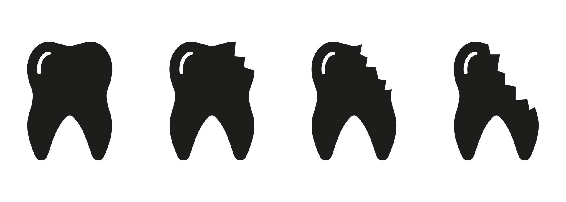 quebrado rachado dentes silhueta ícone definir. odontologia símbolo. lascado dente processo glifo pictograma. estragado esmalte estágios, médico dental problemas. dental tratamento placa. isolado vetor ilustração.