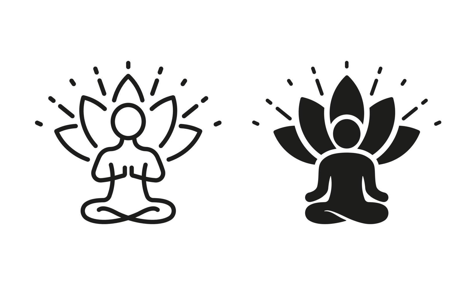 pessoa dentro pose lótus, ioga silhueta e linha ícone definir. espiritual energia meditação relaxar pictograma. meditar relaxamento asana exercício. zen bem-estar. editável AVC. isolado vetor ilustração.