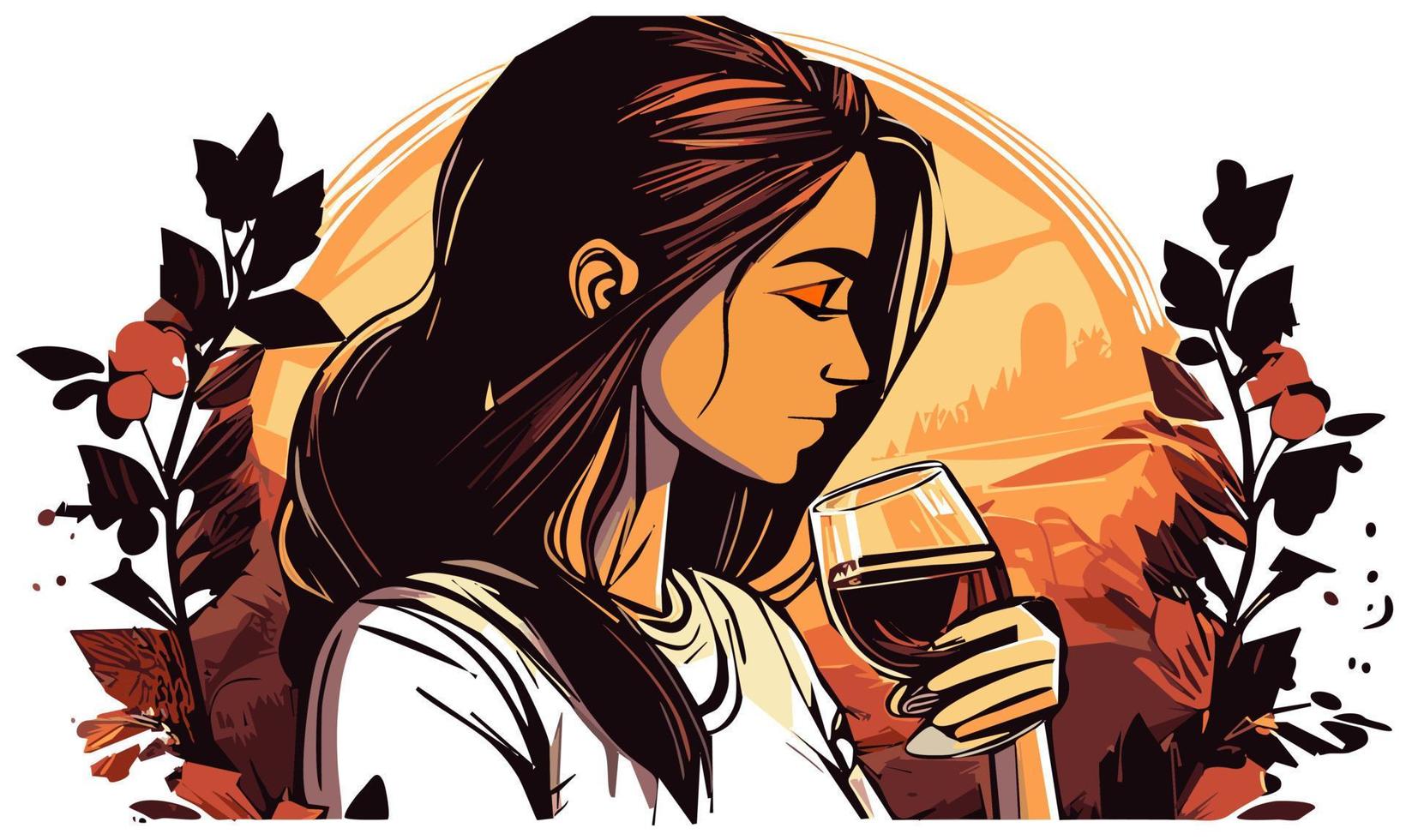 menina com uma vidro do vinho dentro dela mãos vetor