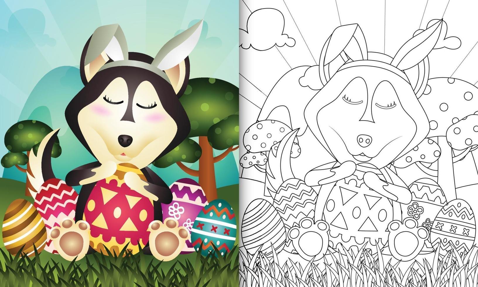 livro de colorir para crianças com o tema Páscoa com um lindo cão husky vetor