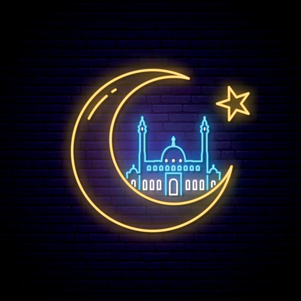Sinal de néon Ramadan Kareem. estilo de néon de bandeira de vetor. projeto de saudação islâmica. vetor