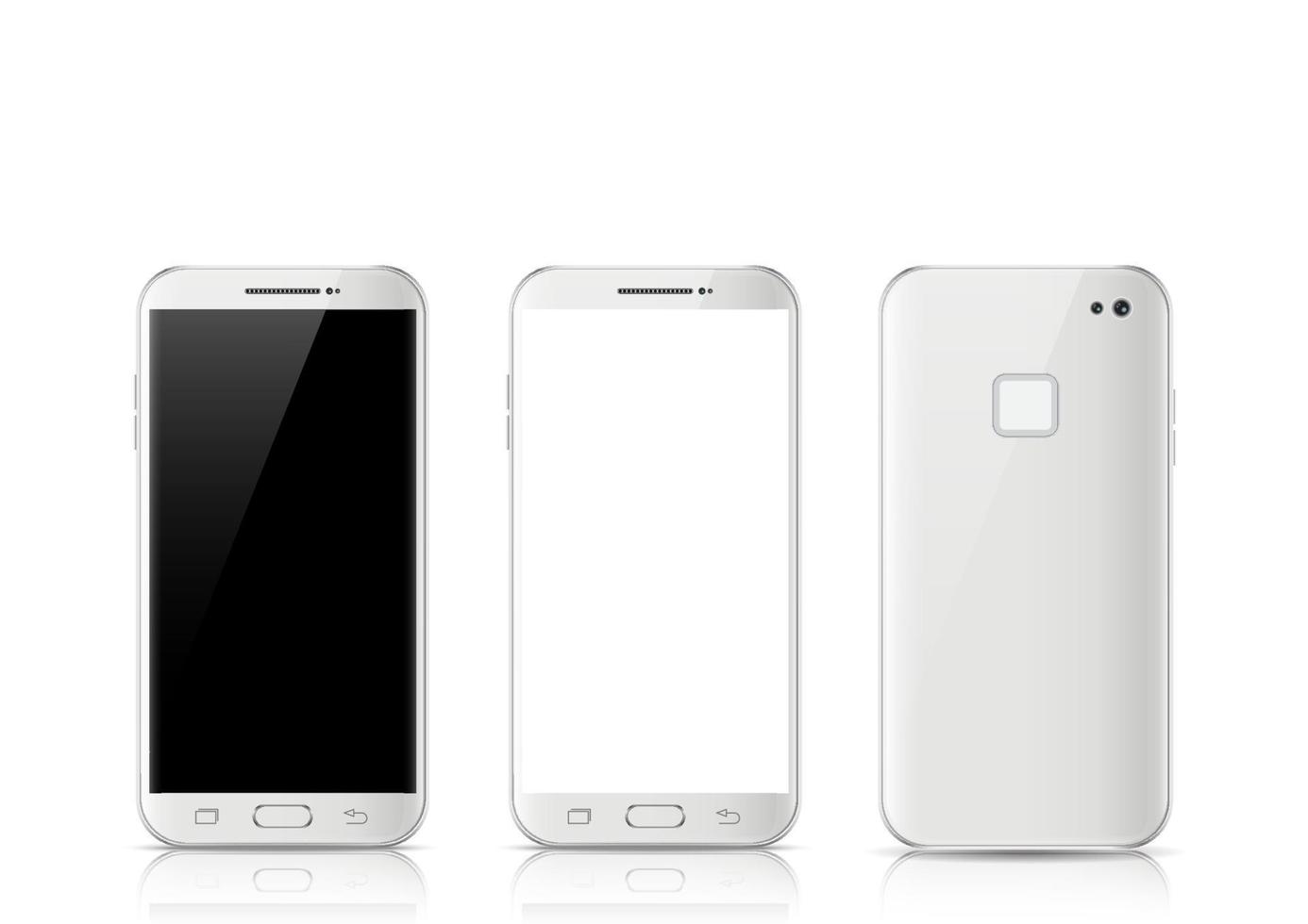 celular touchscreen branco moderno, tablet smartphone isolado na luz de fundo. Frente e verso do telefone isolados. vetor