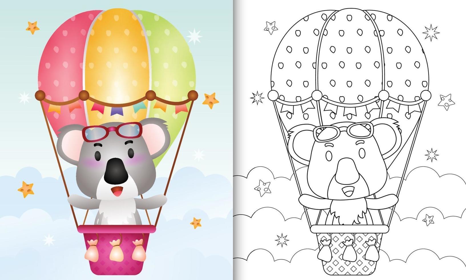 livro de colorir para crianças com um coala fofo em um balão de ar quente vetor
