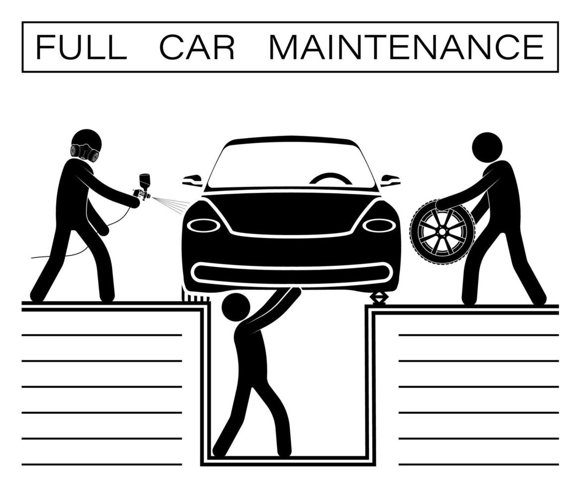 bastão homem, equipe reparador reparos carro dentro oficina. cheio manutenção do técnico condição do carro, inspeção antes oferta. pintura, pneu e óleo mudar. vetor