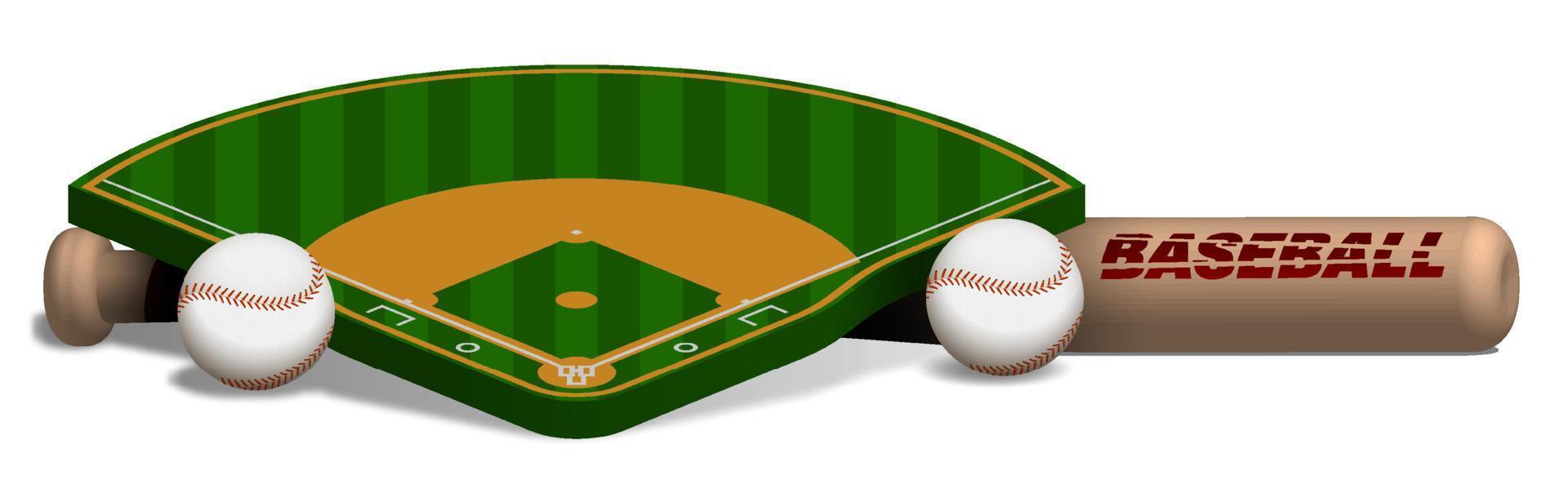 Esportes de madeira beisebol bastão, bolas e beisebol campo disposição em branco fundo. esporte Projeto elemento, rede bandeira para competições. realista vetor