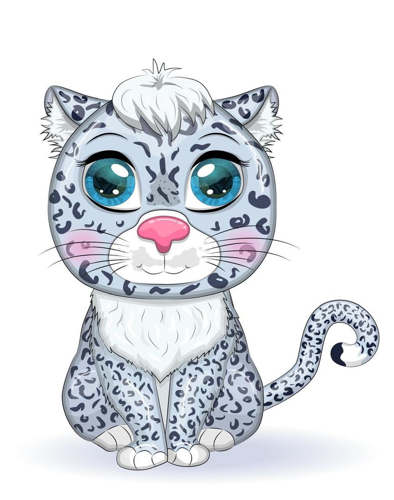 desenho animado neve leopardo com expressivo olhos. selvagem animais, personagem, infantil fofa estilo. vetor