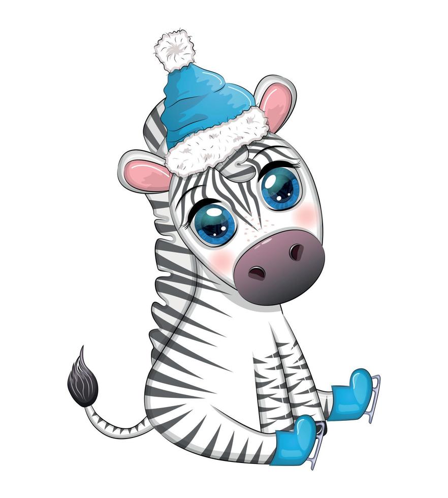 zebra bonita em um chapéu e cachecol, inverno. personagem de desenho animado de feriados da vida selvagem vetor