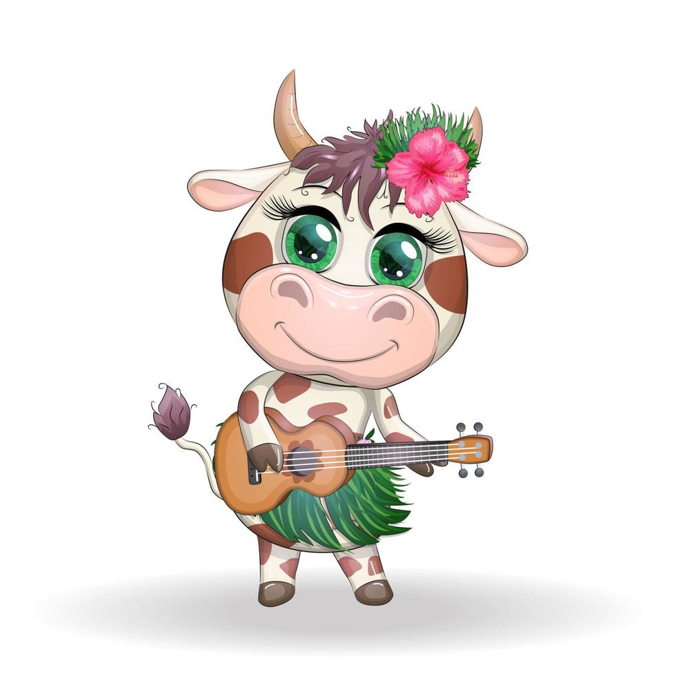 fofa desenho animado touro, vaca com lindo olhos, havaiano hula dançarino personagem com ukulele guitarra entre folhas, flores chinês Novo ano fofa touro mascote vetor