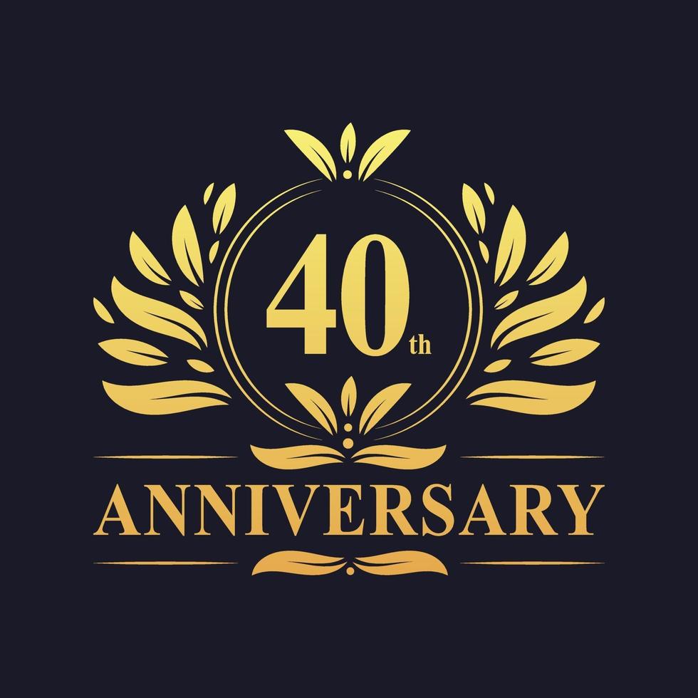 Desenho do 40º aniversário, luxuoso logotipo do aniversário de 40 anos em cor dourada. vetor