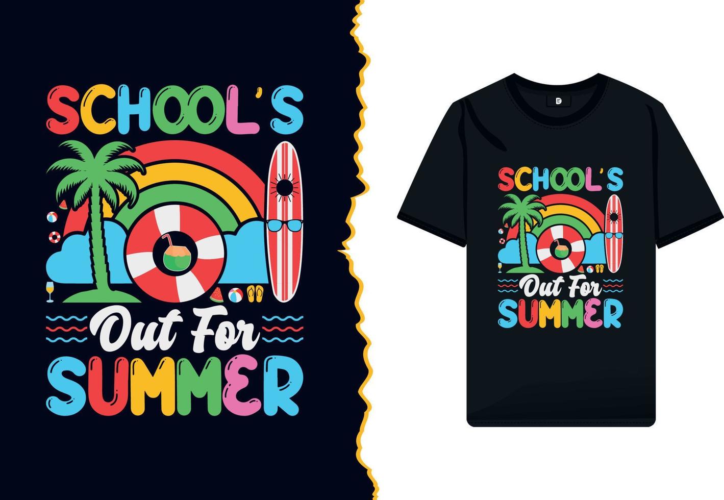 escolas Fora para verão período de férias camiseta Projeto. verão pausa camisa vetor modelo com colorida ilustração.
