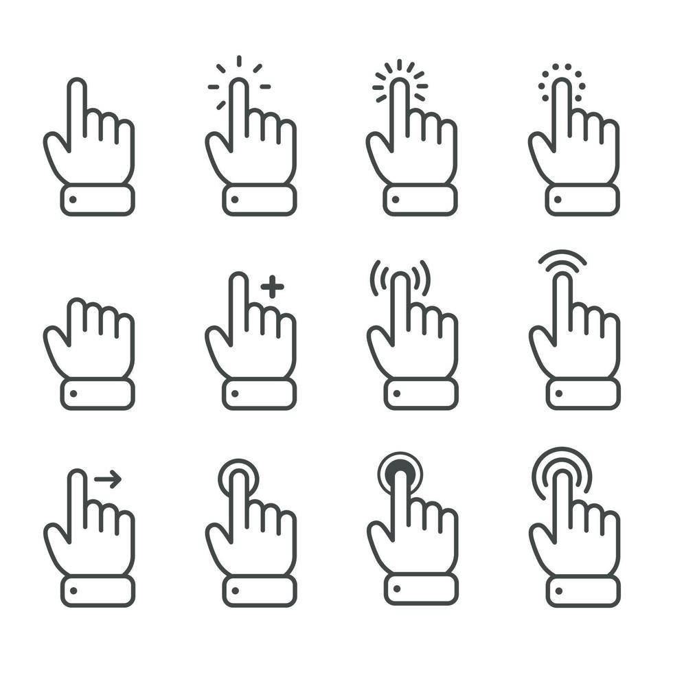 vector cartoon dedo cursor do mouse em vários gestos para dispositivos móveis com tela de toque