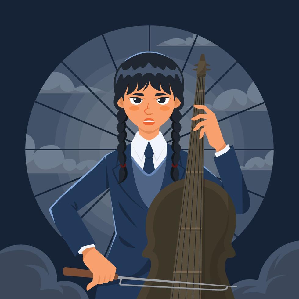 gótico menina jogando violoncelo às noite vetor