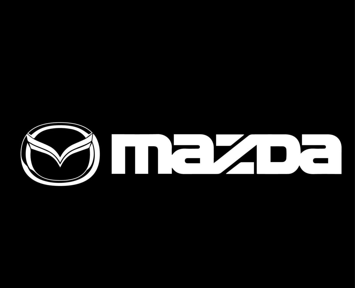 Mazda logotipo marca carro símbolo com nome branco Projeto Japão automóvel vetor ilustração com Preto fundo