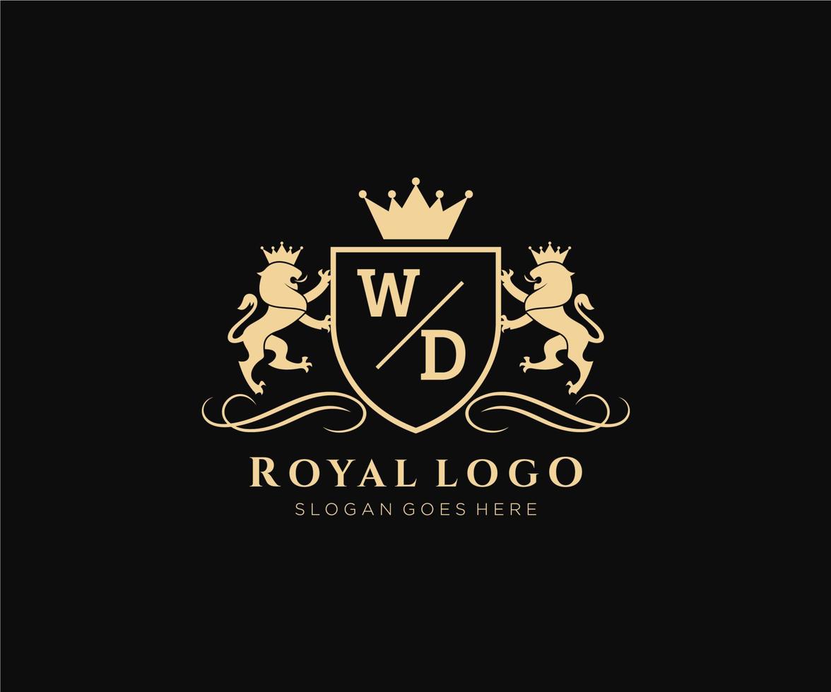 inicial wd carta leão real luxo heráldico, crista logotipo modelo dentro vetor arte para restaurante, realeza, butique, cafeteria, hotel, heráldico, joia, moda e de outros vetor ilustração.