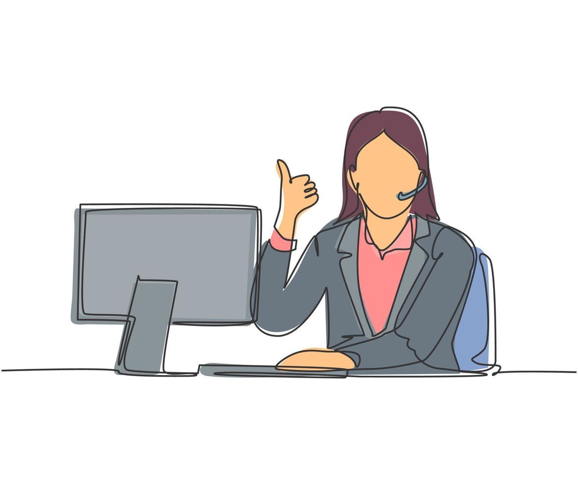 desenho de linha única do trabalhador de call center feminino jovem sentado na frente do computador e atender o telefone do cliente. atendimento ao cliente conceito de negócio linha contínua desenho ilustração vetorial vetor