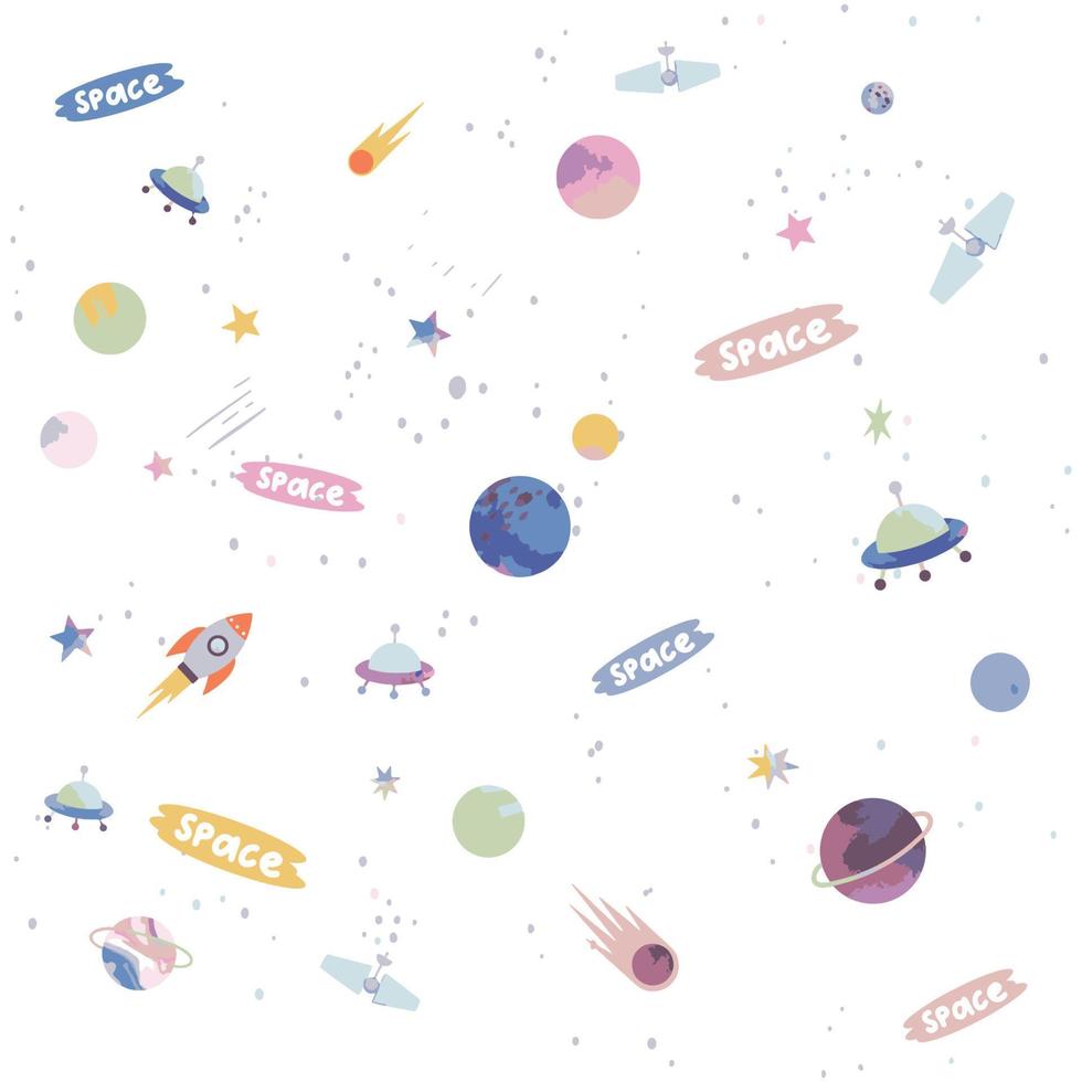 espaço, planetas, e foguetes doodle. aguarela estilo ilustração. adequado para presente invólucro, bebê vestir, berçário decorações, aniversário convites, etc vetor