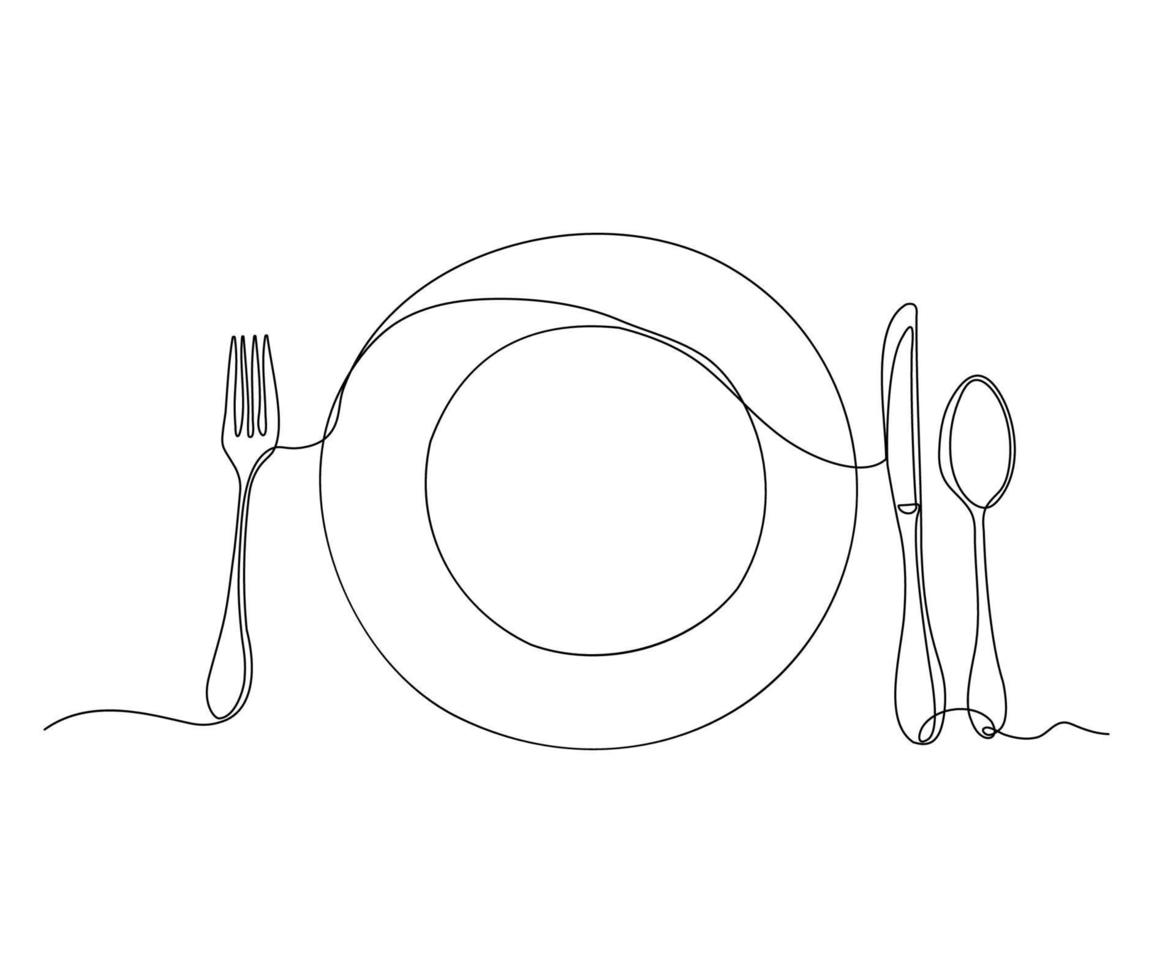 mesa contexto, placa, colher, garfo e faca, desenhado à mão, contínuo monolinha, desenhando dentro 1 linha vetor