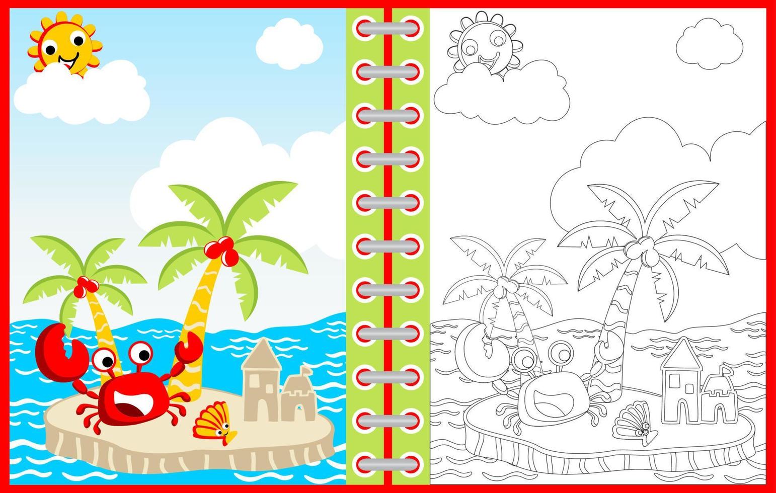 vetor desenho animado do verão Tempo com caranguejo e marisco dentro pequeno ilha, coloração página ou livro