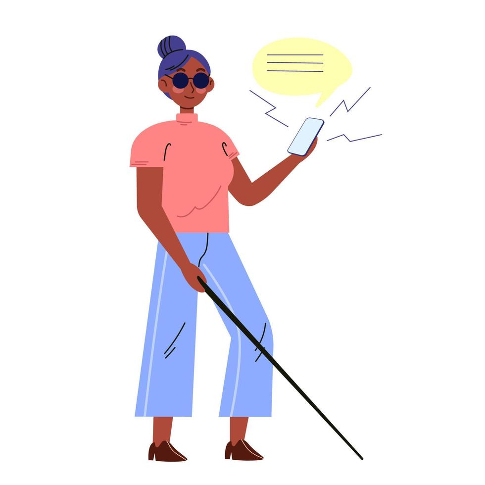 cego mulher segurando bastão e telefone. Móvel inscrição assistente para cego pessoas. plano vetor moderno desenho animado ilustração isolado em branco.