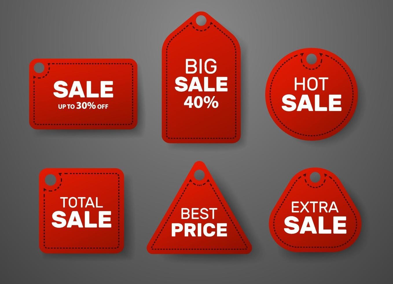vetor de venda conjunto de etiquetas vermelhas de venda penduradas. estilo realista. extra, grande, melhor, quente, sinal de venda total ou adesivos.