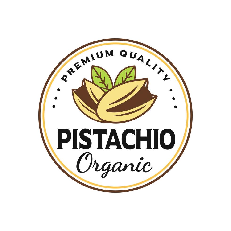 pistache noz emblema Projeto com folha símbolo, logotipo modelo. pistache sementes com concha, vetor Projeto. vegetariano e orgânico, natural Comida e nutrição, Projeto ilustração