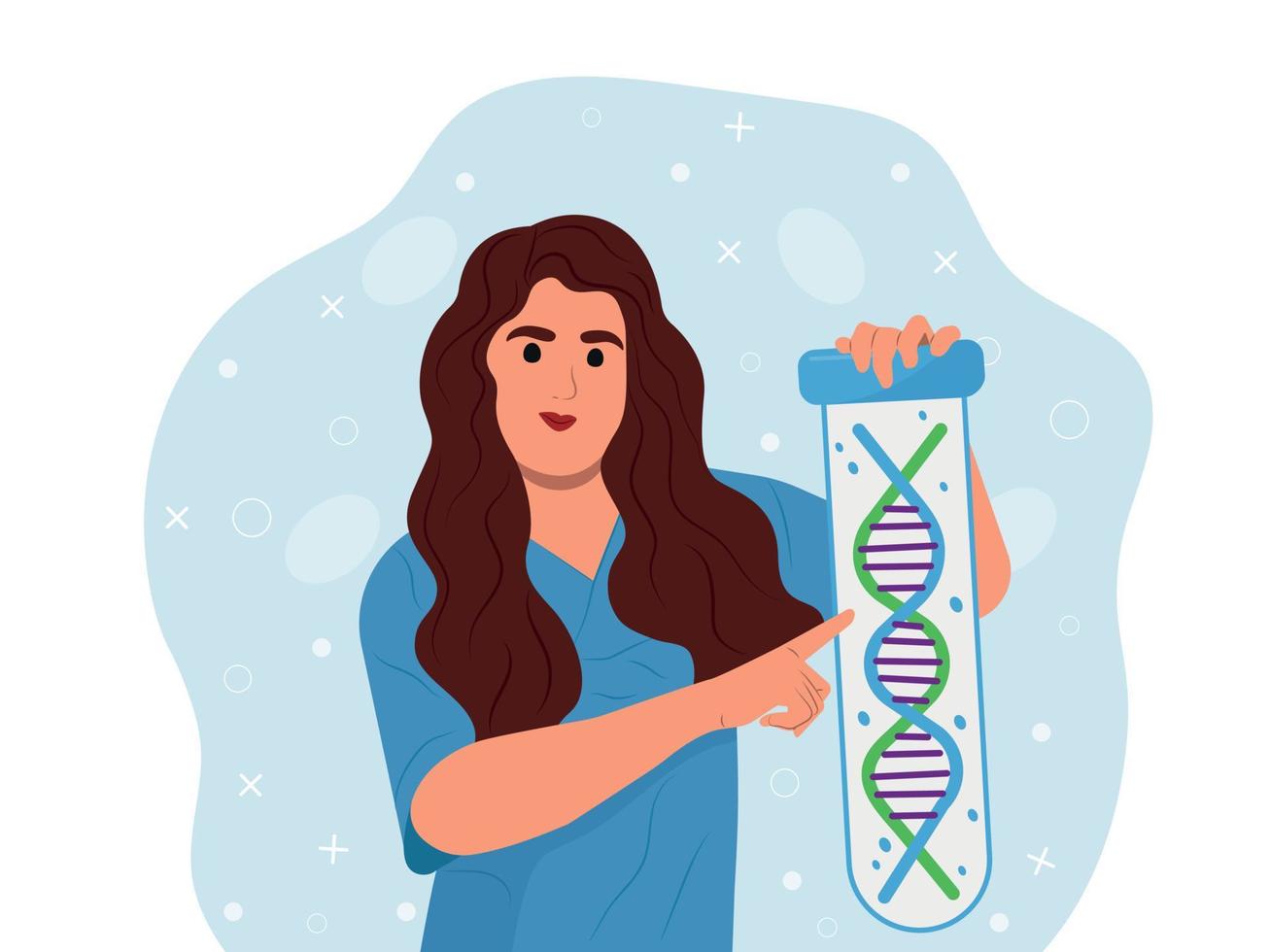 fevereiro 28 - raro doença dia. jovem sorridente fêmea médico pesquisando dna do raro doenças. vetor