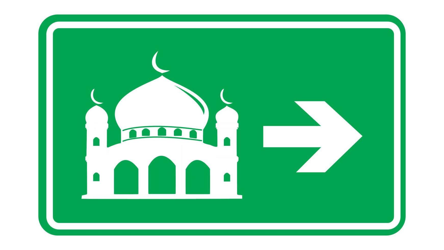 mesquita placa símbolo ícone com seta, masjid rua placa símbolo verde Projeto vetor ilustração