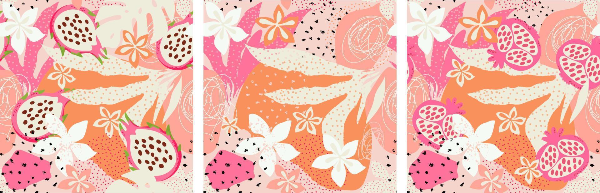 3 abstrato, exótico mão desenhado padrões. romã, pitaya, exótico folhas e flores desatado padronizar definir. vetor