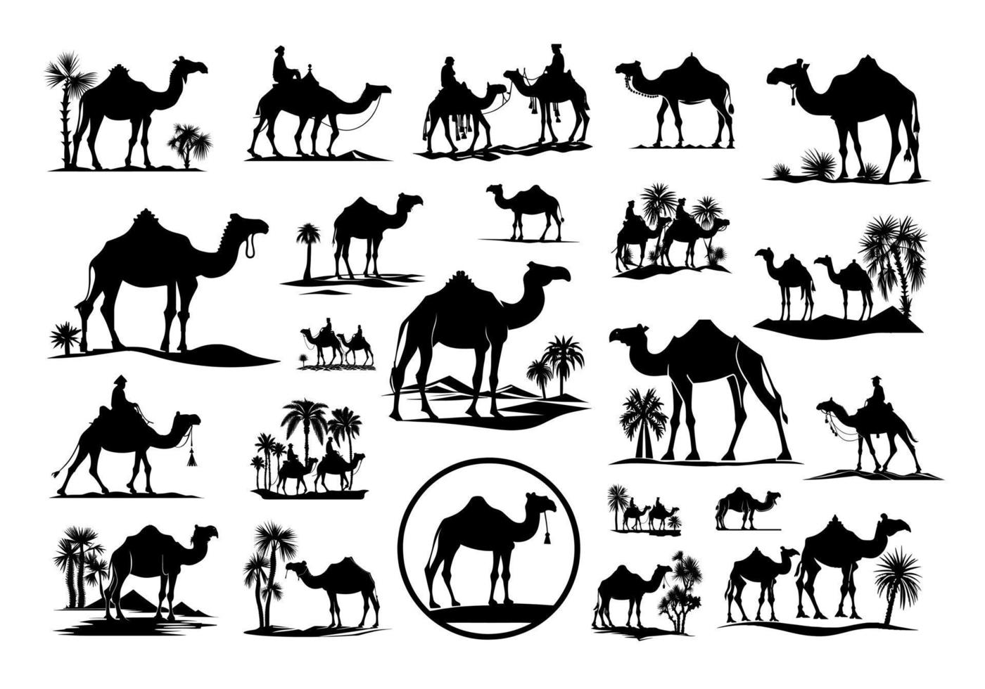camelo silhueta conjunto Preto logotipo animais silhuetas ícones camelo cavaleiros deserto Palma silhueta vetor ilustração